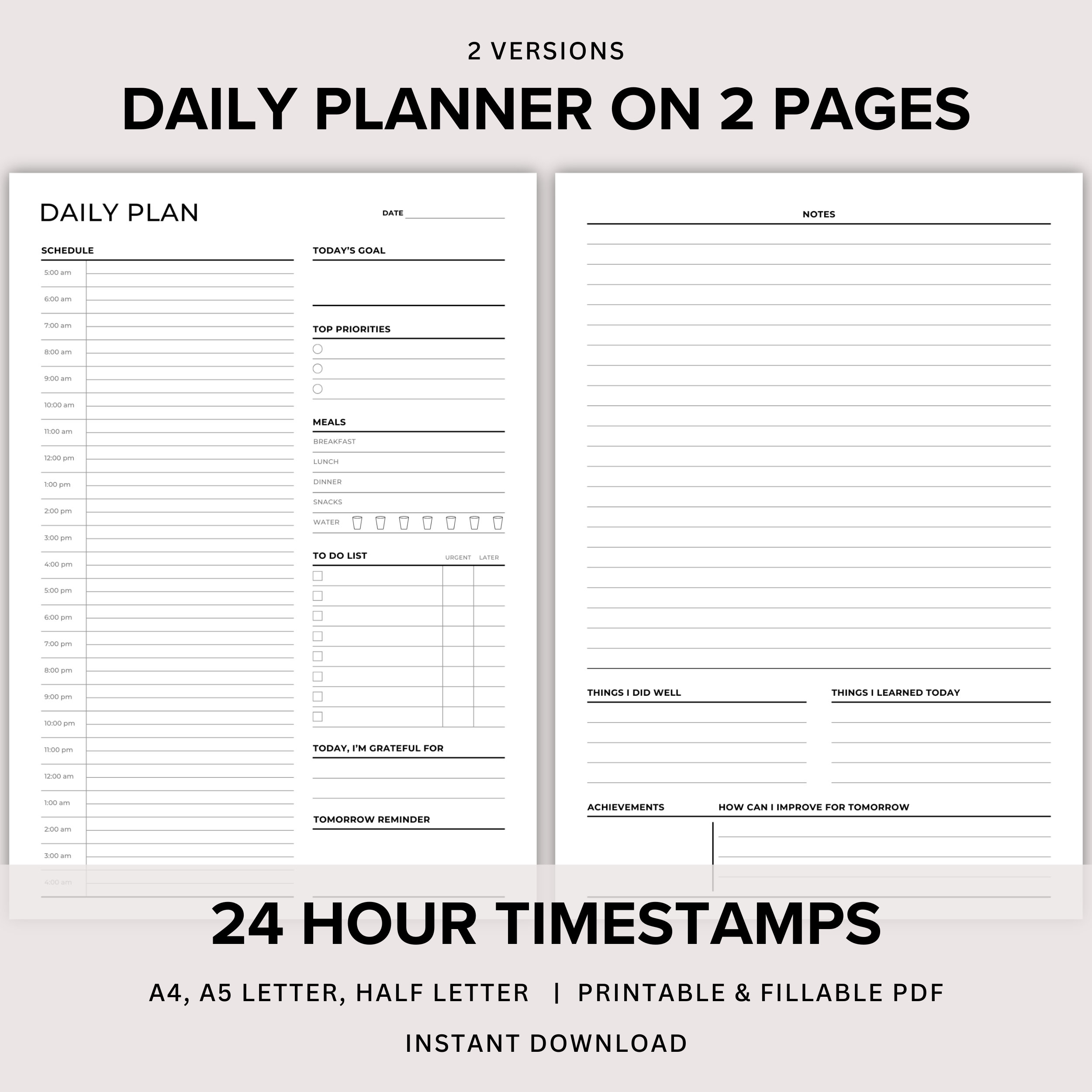 24 Hour Daily Planner Printable, Daily Plan on 2 Pages, Day on 2 Page, 2 Page per Day Planner ...