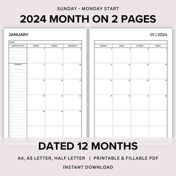 2024 Monthly Planner Printable, Dated Month on 2 Pages, Month at a Glance, 2024 Calendar, Mo2p Layout, A4/A5/Letter/Half PDF template