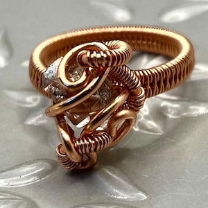 Bague en cristal avec diamants Herkimer enveloppée de fil (enroulement de 2 bandes) (cuivre)
