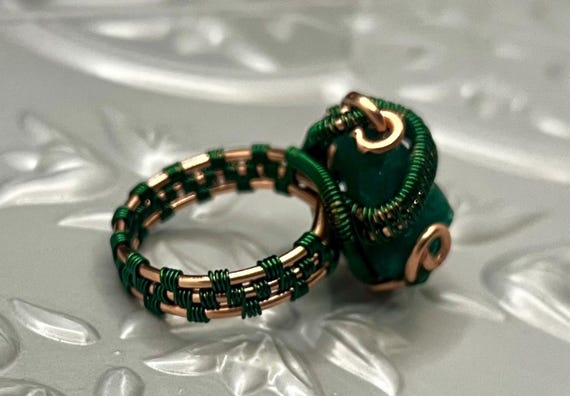Wire Wrapped Raw Emerald Crystal Ring (Raw Stone)(3-Band Wrap)