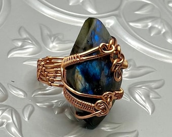 Wire Wrapped Labradorite Copper Ring (5 Band Wrap) (Healing Palm Crystal)