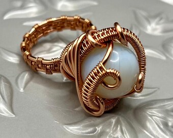 Wire Wrapped Opalite Crystal Sphere Copper Ring (3-Band Wrap) (Tumbled Sphere)