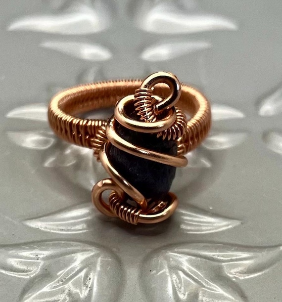 Wire Wrapped Raw Tanzanite Crystal Copper Ring (2-band Wrap)
