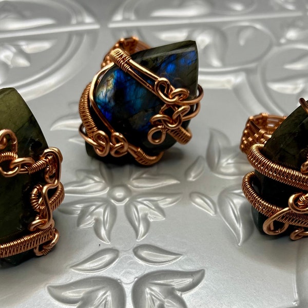 Wire Wrapped Labradorite Copper Ring