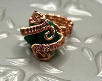 Wire Wrapped Raw Emerald Crystal Ring (Raw Stone)(3-Band Wrap)