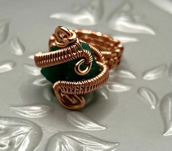Wire Wrapped Raw Emerald Crystal Ring (Raw Stone)(3-Band Wrap)