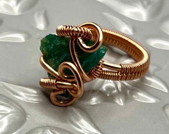 Wire Wrapped Raw Emerald Crystal Ring (Raw Stone)(3-Band Wrap)