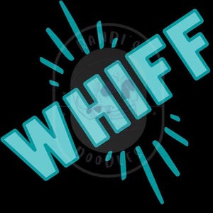Puede incluir: Gráfico turquesa con la palabra "WHIFF" en letras negritas y estilizadas. La palabra está rodeada de líneas radiantes y un diseño circular con una imagen de calavera y texto. El fondo es negro liso.