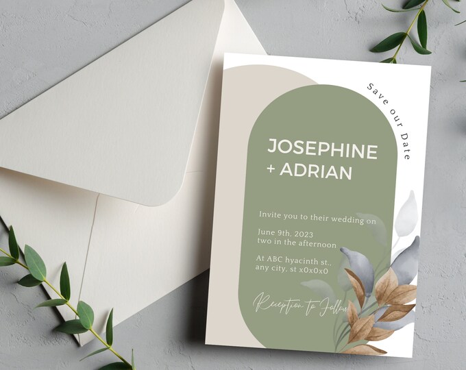 Wedding invitation template, Green Wedding Invitation Card, Minimalist Nordic Design, Modern Wedding Stationery, Scandinavian Wedding