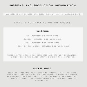 May include: A cream-colored graphic with text detailing shipping and production information. The text includes order processing times, shipping estimates for the UK, Europe, USA, and the rest of the world, and a note about potential delays.