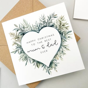 Biglietto di Natale per genitori, Biglietto d'auguri, Biglietto di auguri, Biglietto di famiglia, Biglietto carino, Albero di Natale, Arte dell'acquerello, mamma e papà, cuore