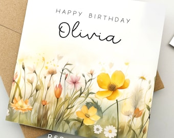 Personalized birthday card, Custom birthday card, Add a name to a card, Floral card