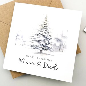 Cartão de Natal para pais, Cartão de felicitações, Cartão de férias, Cartão de família, Cartão fofo, Árvore de Natal, Arte em aquarela, mamãe e papai
