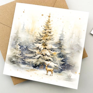 Kerstkaart met herten en de bomen, wenskaart, kerstkaart, geliefde cadeau, schattige kerstkaart, aquarel kunstkaart