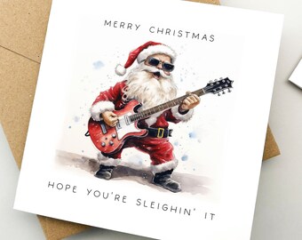 Lustige Weihnachtskarte mit Weihnachtsmann, Grußkarte, Feiertagskarte, Familienkarte, süße Karte, Rock'n'Roll-Weihnachtsmann, Aquarellkunst, Schlittenfahrt