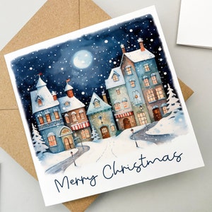 Tarjeta de Navidad con pueblo nevado, tarjeta de felicitación, tarjeta navideña, regalo de ser querido, regalo de Navidad, linda tarjeta de Navidad, tarjeta de arte de acuarela