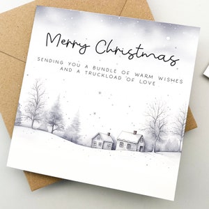 Tarjeta navideña con árboles nevados y un mensaje, tarjeta de felicitación, tarjeta navideña, regalo para un ser querido, regalo de Navidad, linda tarjeta navideña