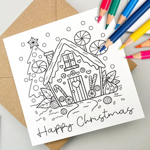 Tarjeta de Navidad para colorear, tarjeta de felicitación, tarjeta navideña, tarjeta para niños, para la familia, linda tarjeta de Navidad, Coloréame, de niños, niños