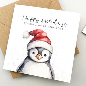 Tarjeta de Navidad con pingüino, tarjeta de felicitación, tarjeta navideña, regalo de un ser querido, Navidad, Felices Fiestas, linda tarjeta de Navidad, tarjeta de arte de acuarela