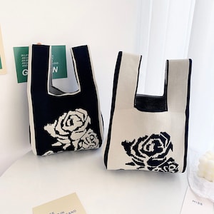 rose crochet knitted bag, small satchel shopping bag, trendy bag, small tote bag