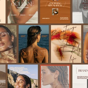 Könnte beinhalten: Eine Sammlung von Social-Media-Grafiken für das Solenne Wellness Studio mit warm getönten Fotografien, Typografie und Texteinblendungen, darunter Phrasen wie 5 Ways to Slow Down, Romanticize the Simplicity of Daily Life und Brand Story.