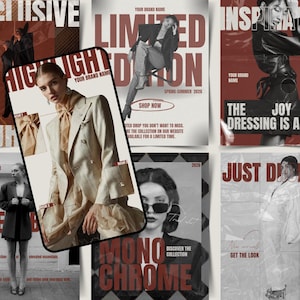 Può includere: Una collezione di copertine di riviste di moda con modelle in vari outfit. Le copertine presentano testi come "EXCLUSIVE", "LIMITED EDITION", "INSPIRATION" e "JUST DROPPED". La combinazione di colori include rosso, beige e nero, con un focus sullo stile moderno.