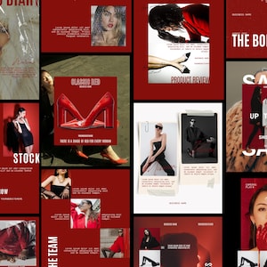May include: A collage of red-themed fashion images. The images include a magazine cover, high-heeled shoes, and models in various outfits. Text includes "THE BOLD DIARY", "CLASSIC RED", "BACK IN STOCK", and "SALE UP TO 70% OFF".