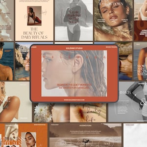 May include: A digital tablet displaying a Solenne Studio brand presentation with a central image of a person's profile, overlaid with the text: "WELLNESS BEGINS IN THE QUIET MOMENTS WE CREATE FOR OURSELVES." The screen is framed by a rust-colored border.