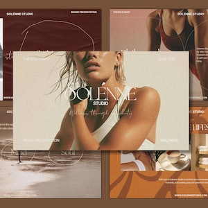 May include: A presentation layout with a brown and beige color scheme. The central image features a woman in a white top with the text "SOLENNE STUDIO" and "Wellness through beauty". Other slides show lifestyle images and the text "THE SOLDIARY".