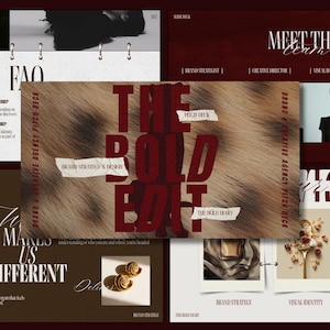 May include: A digital pitch deck presentation template featuring a central slide with a brown animal print background and the bold red text THE BOLD EDIT. Surrounding slides display brand strategy, team profiles, and design elements in a dark color palette.