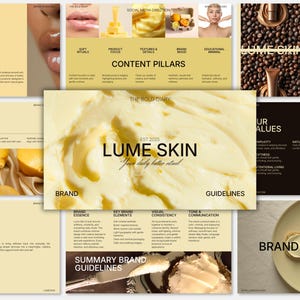 Op de afbeelding: Een presentatie voor het huidverzorgingsmerk "LUME SKIN", met dia's met tekst, productafbeeldingen en een close-up van een romige substantie. Het ontwerp maakt gebruik van een geel en beige kleurenschema. De dia's behandelen merkrichtlijnen.