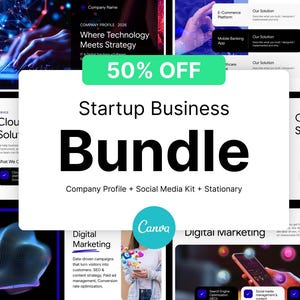 May include: A digital marketing and business presentation template bundle featuring a white central banner with the text 50% OFF Startup Business Bundle Company Profile + Social Media Kit + Stationary and a Canva logo, surrounded by various slide layouts.