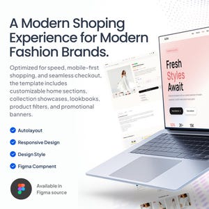 May include: A laptop displays a website interface with the text "Fresh Styles Await." The screen showcases a modern fashion brand's online shopping experience, highlighting features like customizable sections and product filters. The design is responsive and available in Figma.