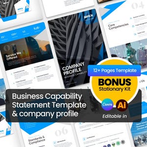 Pode incluir: Um modelo de declaração de capacidade empresarial e um perfil da empresa com um design azul e branco. O modelo inclui páginas com títulos como "Service We Offered" e "Core Competencies". A imagem também inclui o texto "12+ Pages Template" e "BONUS Stationary Kit".