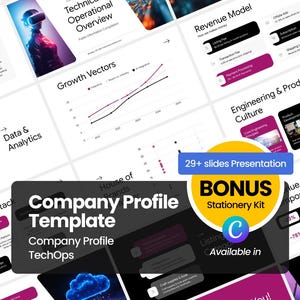 May include: A digital company profile template featuring over 29 slides with sections for technical and operational overviews, revenue models, growth vectors, and data analytics. The layout includes dark and light themes with purple accents.