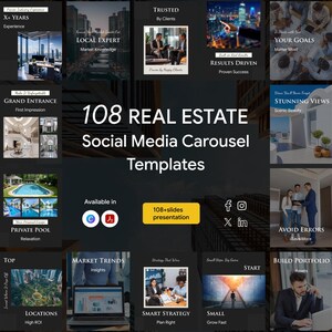 Op de afbeelding: Een promotionele afbeelding voor social media carrousel templates voor onroerend goed. Het ontwerp heeft een donkere achtergrond met verschillende vierkante panelen met verschillende aspecten van onroerend goed, zoals "Exclusieve aanbieding" en "Markttrends". De tekst "108 REAL ESTATE Social Media Carousel Templates" staat prominent weergegeven.