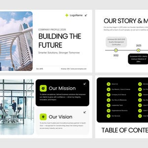 May include: A four-panel company profile presentation template featuring a cover page with a city skyline, a timeline titled Our Story & Milestones, a section with Our Mission and Our Vision text boxes, and a black Table of Contents page.