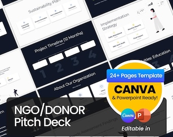 May include: A 24-page NGO donor pitch deck template featuring a dark theme with white text and graphic elements. The slides include sections for budget summary, sustainability plan, project timeline, and implementation strategy, editable in Canva and PowerPoint.