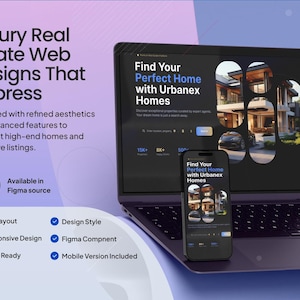 Puede incluir: Un portátil y un smartphone muestran un diseño de sitio web de bienes raíces. La pantalla del portátil muestra un sitio web con el texto "Find Your Perfect Home with Urbanex Homes". El smartphone refleja el sitio web. La imagen también incluye texto sobre las características del diseño.