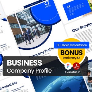 May include: A business company profile presentation template with a blue and white design. The presentation includes slides with text, graphics, and images of business professionals. The presentation also includes a bonus stationery kit.