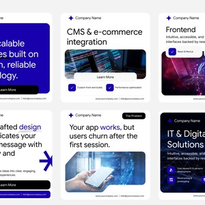 May include: A collection of six square digital marketing graphics for a web development company. Each graphic features a white background with dark blue text, company branding, and various service descriptions including web development, e-commerce, and IT solutions.