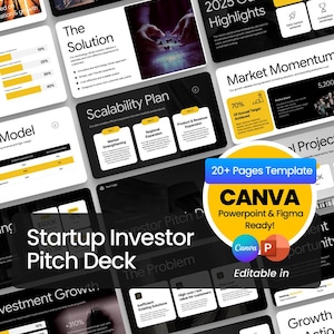 Könnte beinhalten: Eine Sammlung digitaler Präsentationsfolien für ein Startup-Investor-Pitchdeck. Die Folien haben ein Schwarz-Weiß-Farbschema mit Text und Grafiken. Die Präsentation umfasst Abschnitte zu Investitionswachstum, Skalierbarkeit und Marktdynamik.
