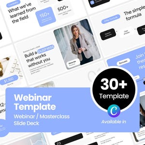 May include: A digital webinar template slide deck featuring a light blue and white color scheme with black text boxes. The design includes sections for business coaching, a presenter photo, numbered lists, and a 30+ template badge with a Canva logo.