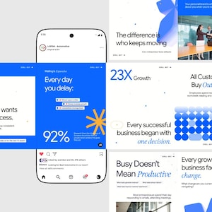 May include: A smartphone screen displaying a social media carousel post with blue and white graphics. Text includes 'Waiting is Expensive', 'Every day you delay', '23X Growth', 'The difference is who keeps moving', and 'Every successful business began with one decision'.
