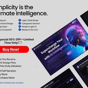 Puede incluir: Gráfico promocional para software de IA. La imagen presenta maquetas de sitios web con el texto "Supercharge Your Workflow with AI Intelligence" y un botón de llamada a la acción. También se ve el texto "Simplicity is the Ultimate Intelligence".