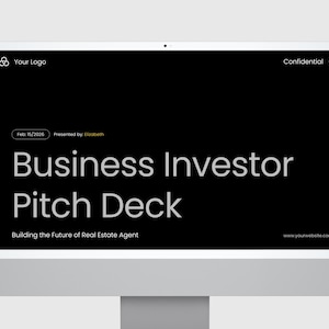 Może przedstawiać: Monitor komputerowy wyświetlający czarny slajd z tytułem Business Investor Pitch Deck w białym tekście. Slajd zawiera datę 15 lutego 2026 r., prezentowaną przez Elizabeth, oraz podtytuł Building the Future of Real Estate Agent.