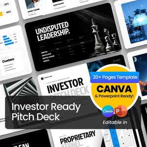 May include: A digital marketing presentation template with the title "Investor Ready Pitch Deck". The design includes charts, graphs, and the text "20+ Pages Template CANVA & Powerpoint Ready!" in a circular badge.
