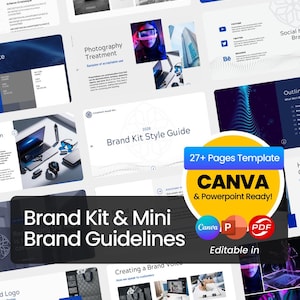 Puede incluir: Un conjunto de plantillas de marketing digital, que incluye una "Brand Kit Style Guide" y "Brand Kit & Mini Brand Guidelines". Las plantillas son editables en Canva y PowerPoint, con más de 27 páginas. El diseño presenta una combinación de colores azul y blanco.