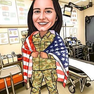 Customize caricature portrait of your partner or friends in Army, special gift, personalized gift, turn your picture into Army caricature.