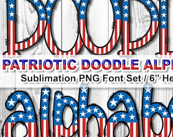 Patriottische Amerikaanse vlag doodle alfabet, sublimatie png-set (digitale download)